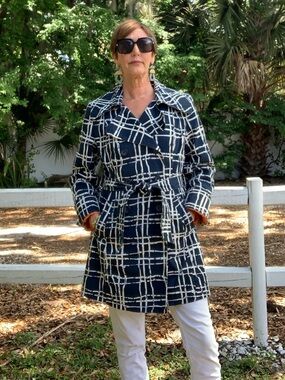 Navy & Cream Plaid Double-Breasted Trench Coat